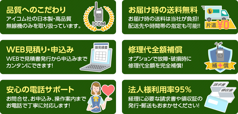 レンタル無線機　品質へのこだわり・お届け時の送料無料・WEB見積・申込・修理代全額補償・安心の電話サポート・法人様利用率95％